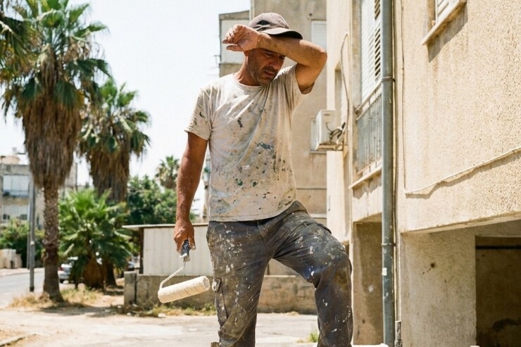 צבעי מקצועי מתמודד עם חום קיצוני בעת צביעת קיר חיצוני בקיץ