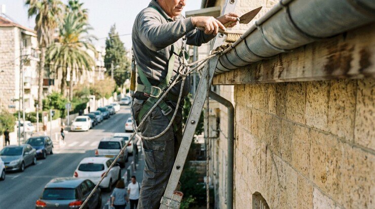 גגן עם רתמת בטיחות מתקן מרזב על סולם