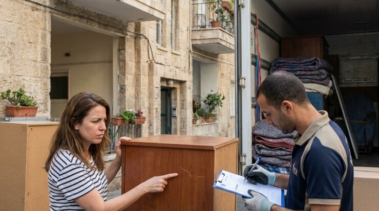 לקוחה מצביעה על שריטה בארון בזמן שהמוביל מתעד בטופס