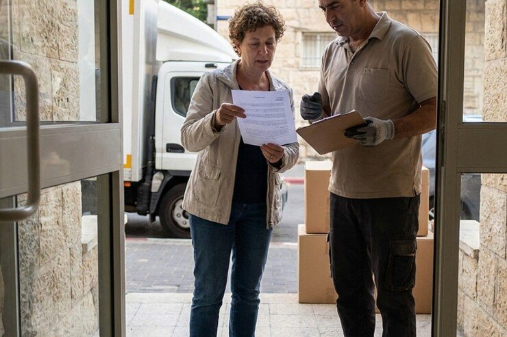 לקוחה עוברת על הצעת המחיר עם מנהל עבודה של חברת ההובלות
