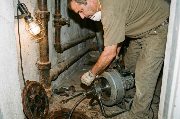 אינסטלטור פותח סתימה עם ספירלה חשמלית