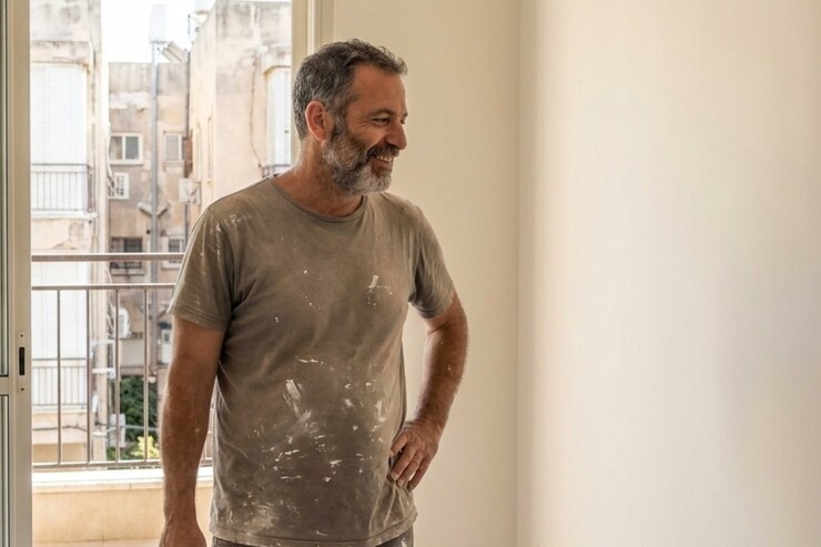 בעל דירה מרוצה מקיר שצבע בעצמו בסלון הדירה