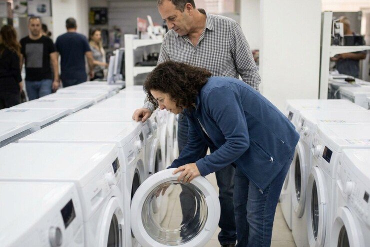 זוג בוחר מכונת כביסה חדשה עם פתח קדמי בחנות למוצרי חשמל