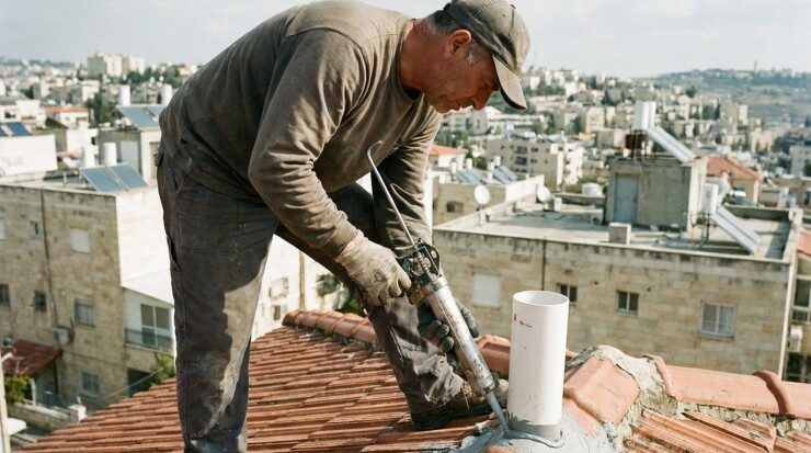גגן אוטם חיבור צנרת בגג רעפים בעזרת אקדח סיליקון