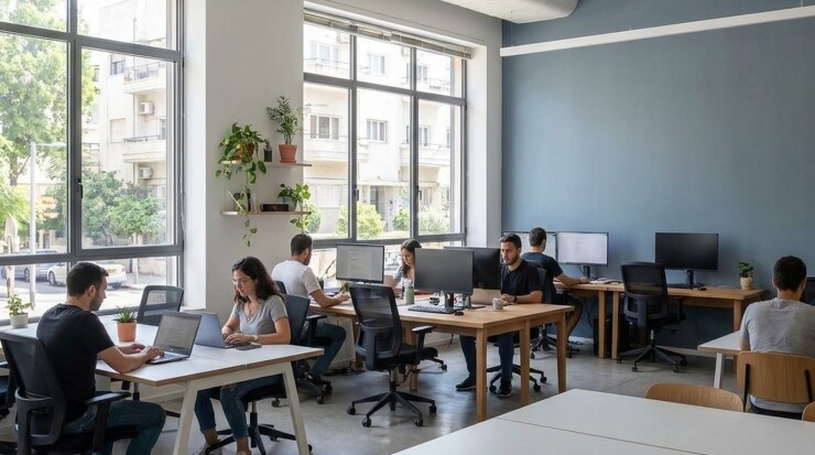 משרד פתוח עם קיר מרכזי בגוון כחול רגוע לאחר צביעה