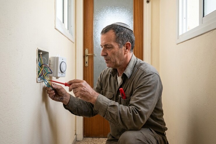 חשמלאי מחבר את החוטים של מפסק טיימר חדש לדוד בקיר