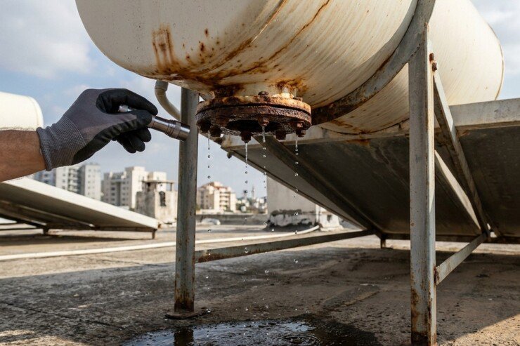 טכנאי בודק עם פנס נזילה מתחתית דוד שמש ישן על הגג
