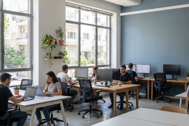 משרד פתוח עם קיר מרכזי בגוון כחול רגוע לאחר צביעה