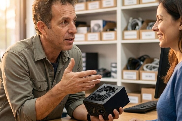 טכנאי מסביר ללקוחה על ספק כוח של מחשב