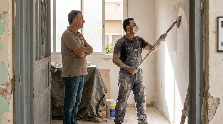 בעל הדירה מפקח על הצבעי בעת הכנת הקיר לצביעה