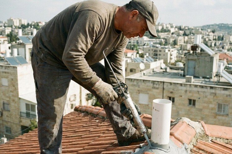 גגן אוטם חיבור צנרת בגג רעפים בעזרת אקדח סיליקון