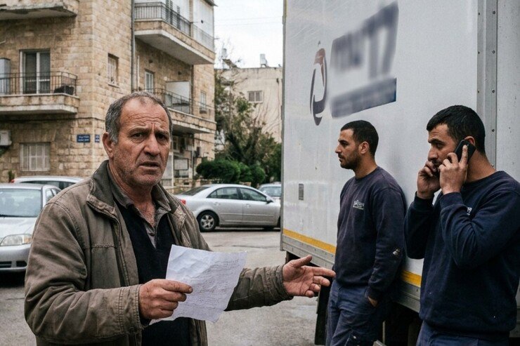 לקוח מציג הצעת מחיר בכתב יד ליד משאית הובלה