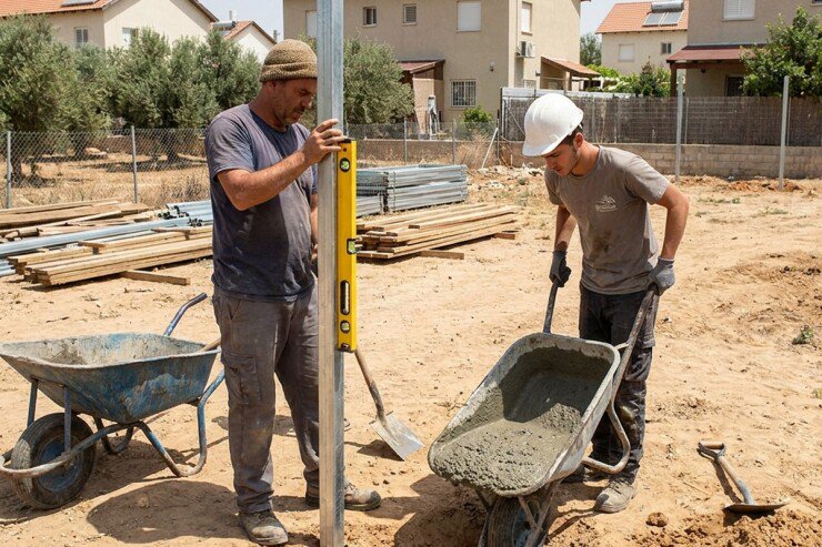 התקנת עמוד לגדר ויציקת בטון בחצר