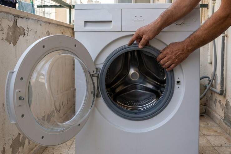 טכנאי מכונות כביסה בודק את הגומייה מסביב לפתח הדלת