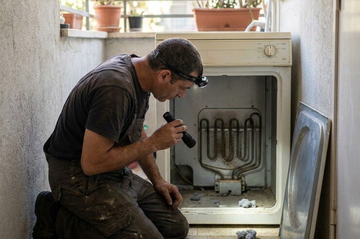 טכנאי בודק עם פנס את גוף החימום של מייבש כביסה פתוח