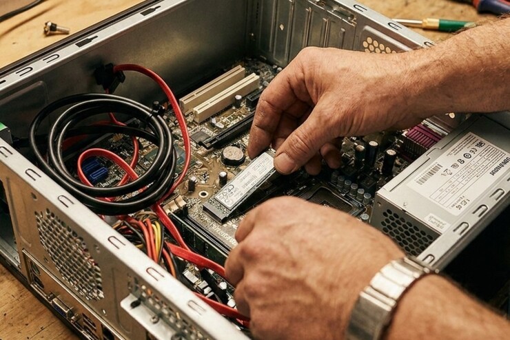 ידיים מתקינות כונן SSD בתוך מארז מחשב נייח