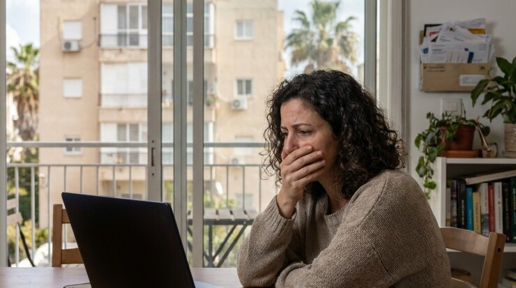 אישה מודאגת מול המחשב הנייד אחרי שקבצים נמחקו