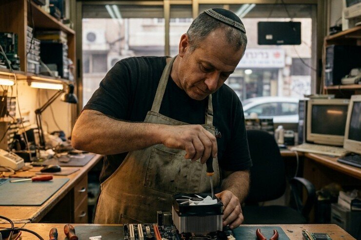 טכנאי מחליף מאוורר מעבד על לוח אם בסדנה