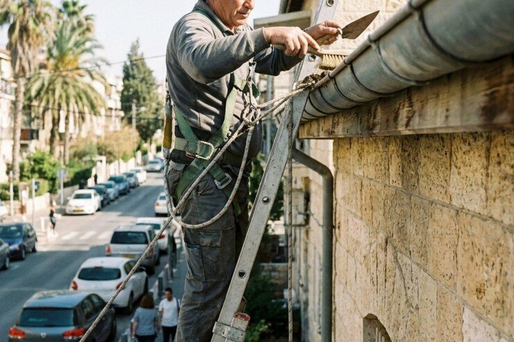 גגן עם רתמת בטיחות מתקן מרזב על סולם
