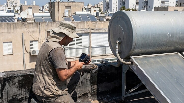 בעל מקצוע מאתר נזילה בגג באמצעות מצלמה תרמית