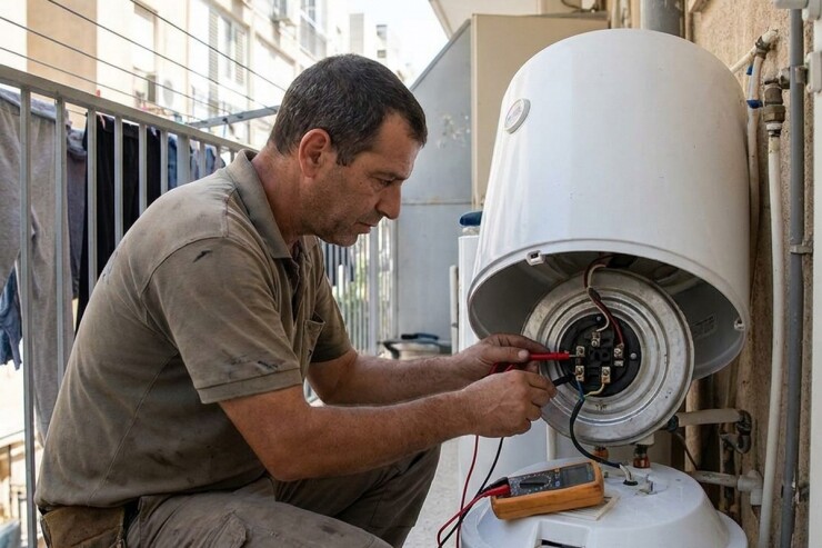 טכנאי דודים בודק עם מכשיר מדידה את החיבורים של גוף החימום בתחתית הדוד