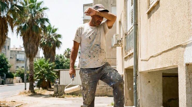 צבעי מקצועי מתמודד עם חום קיצוני בעת צביעת קיר חיצוני בקיץ