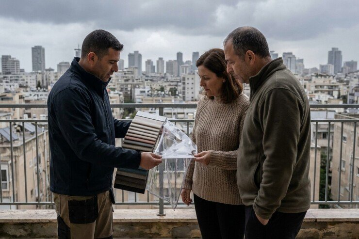 מתקין סוככים בפגישה עם לקוחות במרפסת