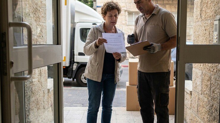 לקוחה עוברת על הצעת המחיר עם מנהל עבודה של חברת ההובלות