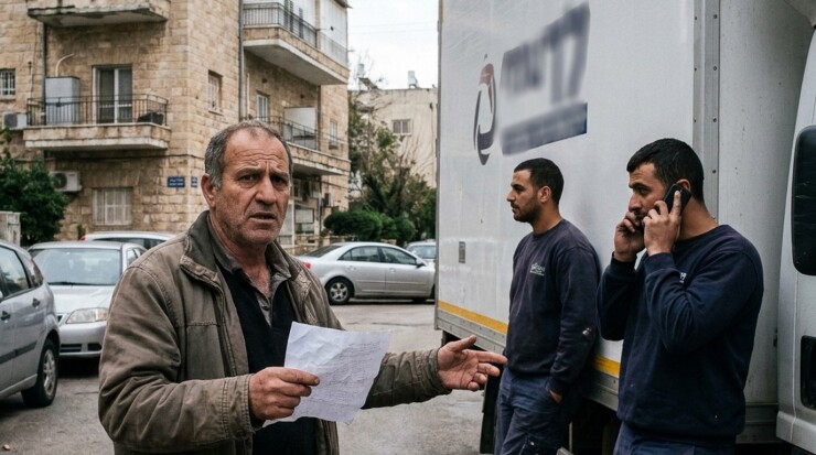 לקוח מציג הצעת מחיר בכתב יד ליד משאית הובלה