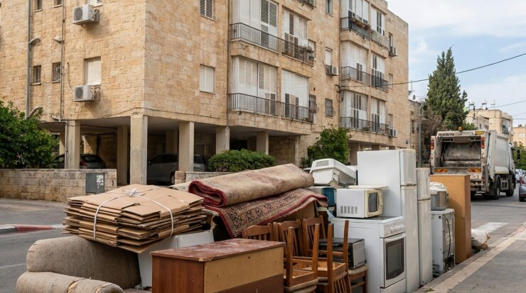 רהיטים וגרוטאות מונחים כראוי בחזית הבית לפינוי