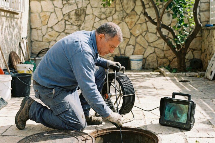 אינסטלטור מחדיר מצלמה לשוחת ביוב בחצר כדי לבדוק את הצנרת