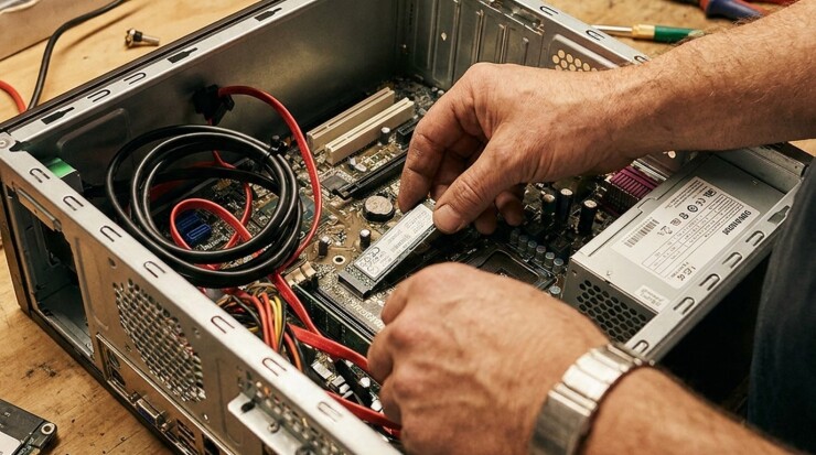 ידיים מתקינות כונן SSD בתוך מארז מחשב נייח