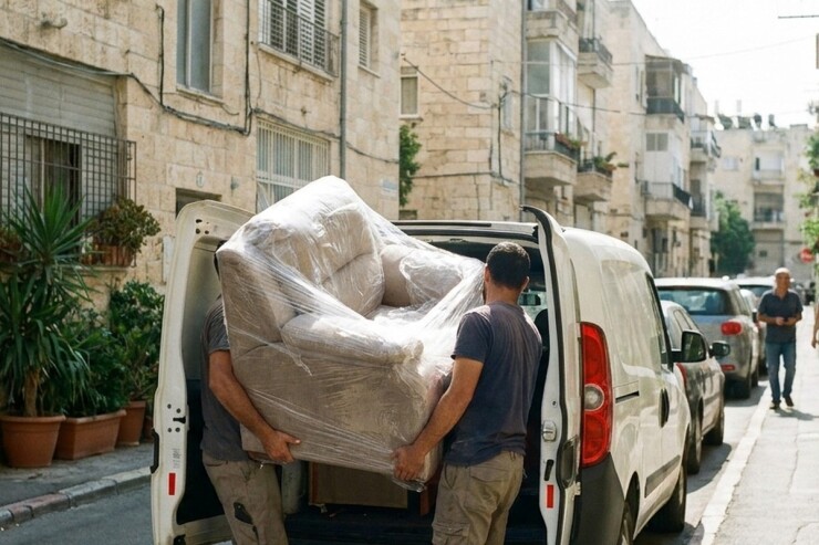 מובילים נושאים כורסה עטופה לתוך רכב הובלה ברחוב מגורים