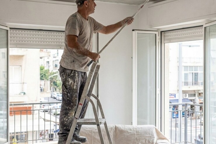 צבעי מקצועי צובע תקרה משופצת לאחר תיקון רטיבות