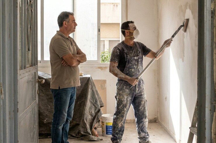 בעל הדירה מפקח על הצבעי בעת הכנת הקיר לצביעה