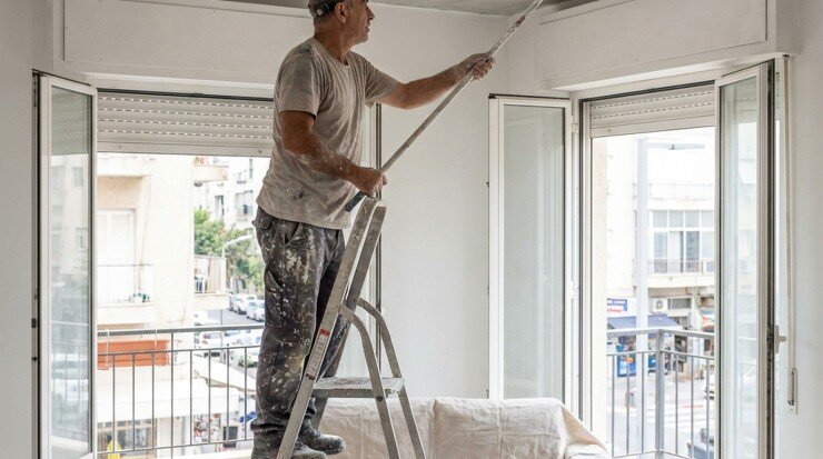 צבעי מקצועי צובע תקרה משופצת לאחר תיקון רטיבות