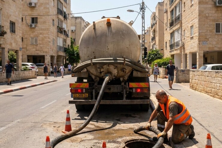 ביובית פותחת סתימה בקו הביוב דרך שוחה ברחוב