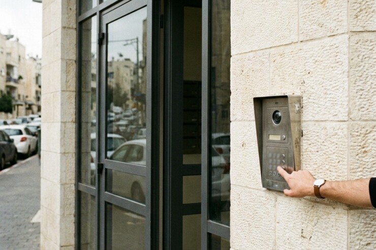 פאנל אינטרקום עם מצלמה וקודן בכניסה לבניין