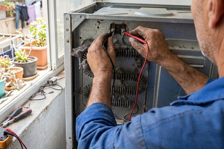 טכנאי בודק עם מכשיר מדידה את גוף החימום בגב מייבש הכביסה